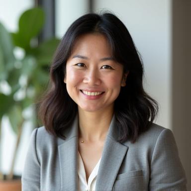 Portrait of Anna Chen, a calm and professional corporate wellness facilitator, smiling.