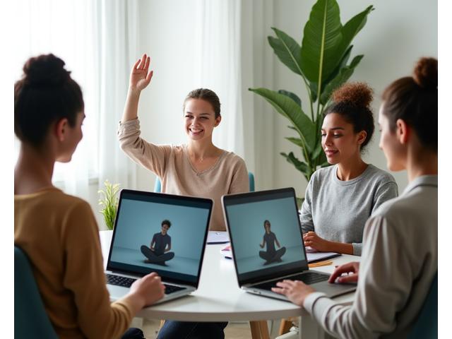 Diverse group of remote employees engaging in a virtual meditation session on their laptops from various home settings, connected by a central online instructor.