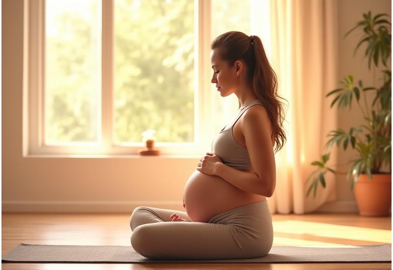 Pregnant woman in a prenatal yoga pose, demonstrating gentle movement for maternal wellness while smiling