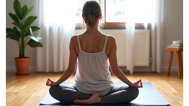 Woman practicing gentle yoga poses at home in a cozy living room, symbolizing home practice