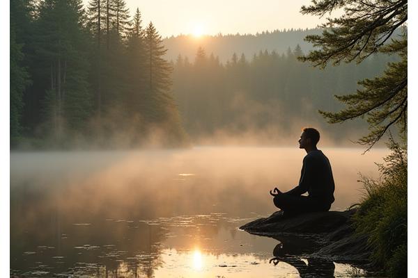 Forest Blis: Yogi meditating by a secluded lake at dawn in a lush Ontario forest