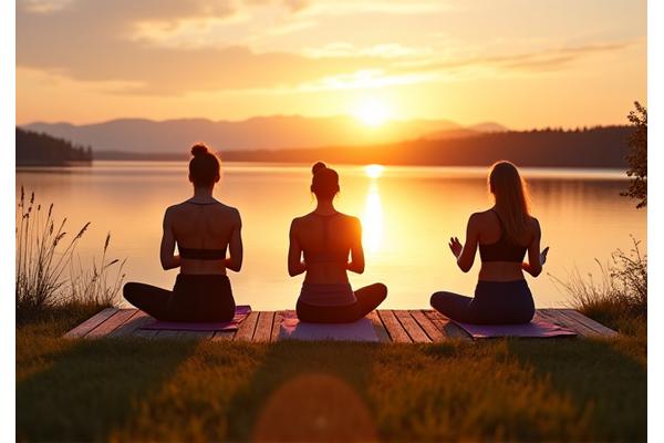 Lakeside Serenity: Group yoga session overlooking a calm Ontario lake at sunset