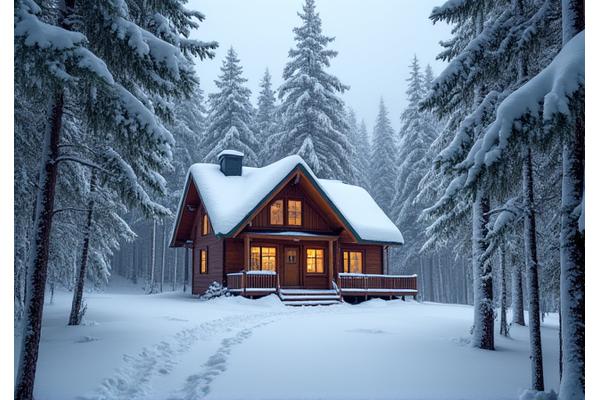 A cozy log cabin in a snowy Ontario landscape, symbolizing a tranquil winter retreat