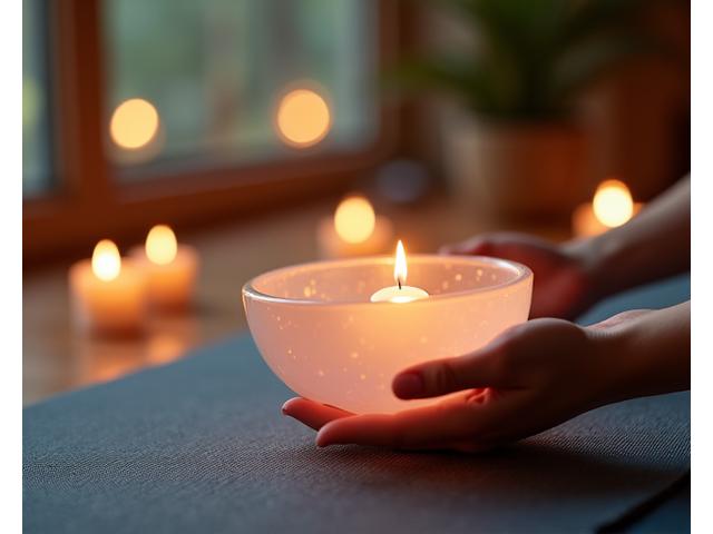 Person meditating in a quiet, softly lit room with singing bowls and crystals, promoting calm