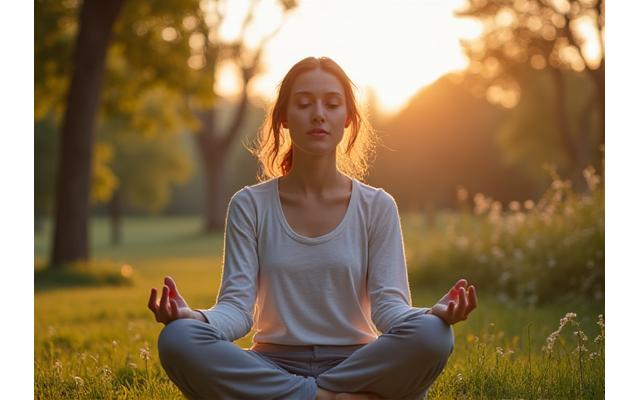 Woman meditating peacefully in a serene Toronto park setting