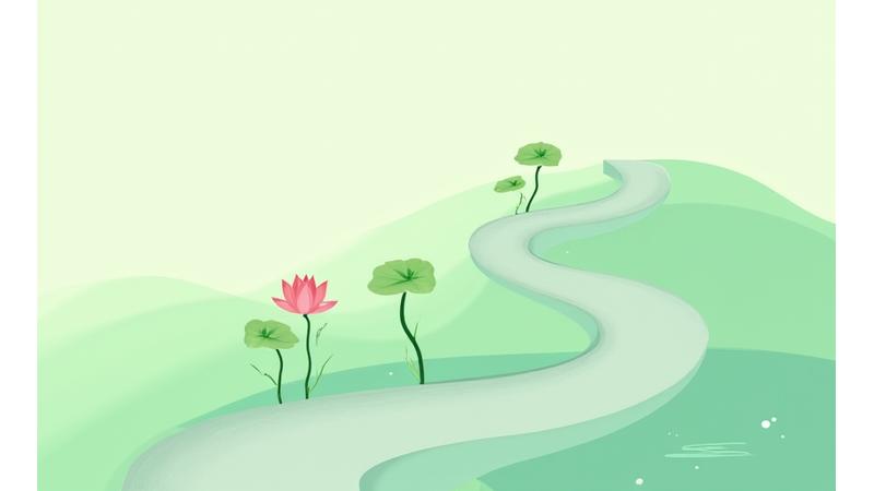 Illustration of a winding path with symbols representing different stages of meditation learning - a sprout for beginner, a blooming flower for intermediate, and a serene lake for advanced.
