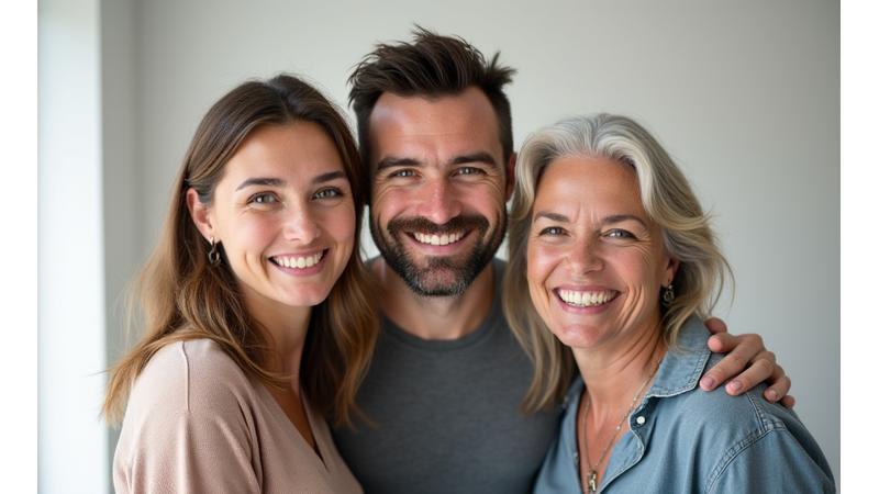 Three diverse individuals smiling warmly, representing the successful and happy clients of Lotus Hearth Wellness.