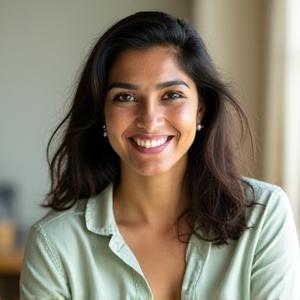Photo of Sarah Patel, a mindfulness coach at Lotus Hearth Wellness. She has a friendly, accessible demeanor and is shown in a bright, inviting space that signifies personal growth.