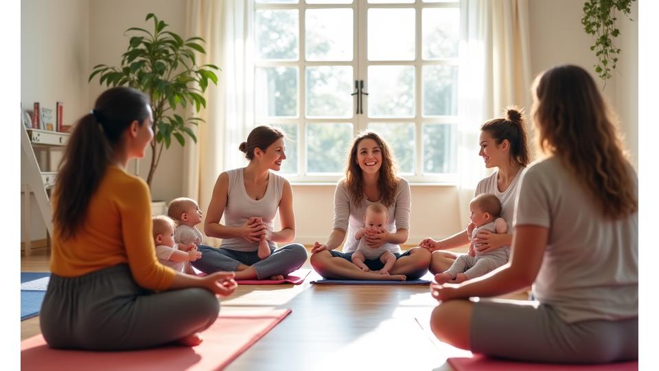 Group of mothers and their babies practicing gentle yoga, some babies in carriers, others on mats beside them.