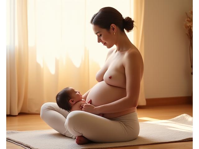 New mother gently stretching and holding her baby in a soothing postnatal yoga pose.