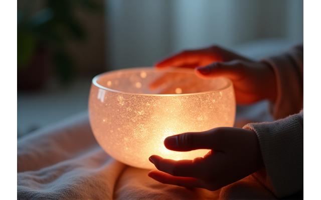 A tranquil image of a hand reaching out to touch a shimmering singing bowl, symbolizing the act of connecting and booking a session.
