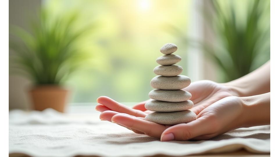 A serene hand holding a balanced stone stack, symbolizing stability and clear policy, set against a blurred background of a calm yoga studio.
