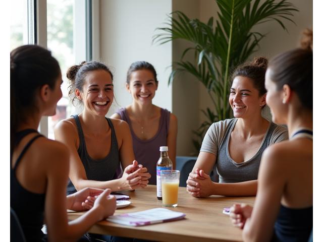 A diverse group of yoga teacher training alumni networking and sharing experiences in a supportive community setting.