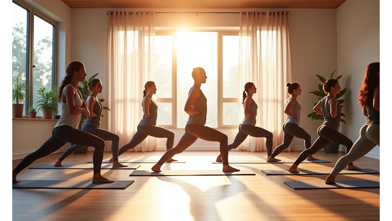Yoga instructor guiding a serene group in a sunlit studio, embodying the spirit of yoga teacher training.