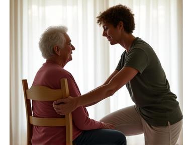 Yoga instructor guiding a senior student in a gentle chair yoga pose, illustrating accessible training.