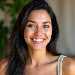 Portrait of Elara Singh, lead yoga trainer at Lotus Hearth Wellness, smiling warmly.