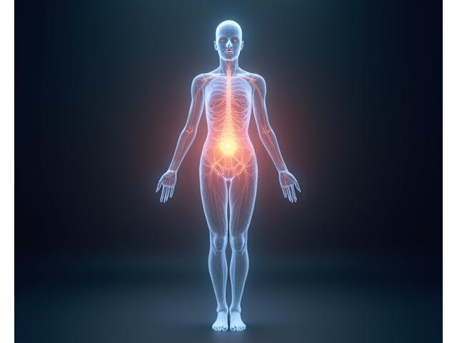 Subtle visual representation of the nervous system and body connection, possibly with abstract calming lights or energy flows.