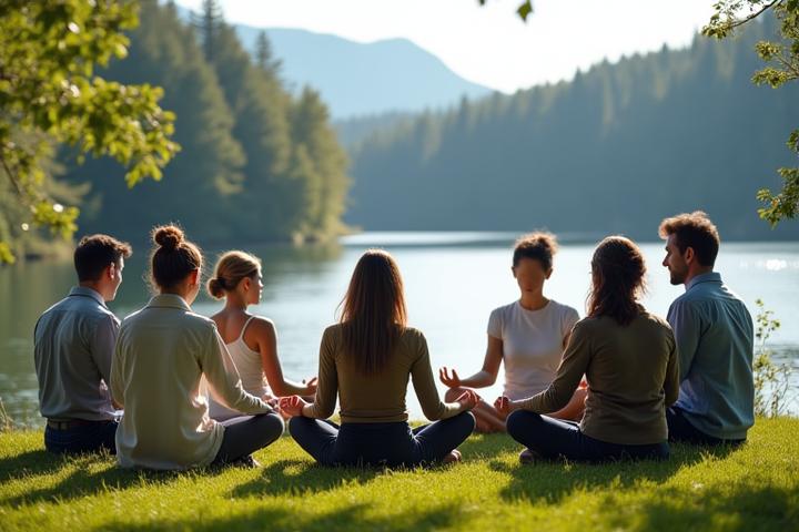 Diverse group of professionals collaborating peacefully in an inspiring natural setting