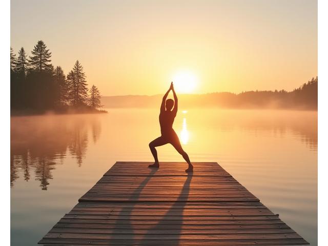 Sunrise yoga session on a dock overlooking a calm lake in Muskoka, Ontario