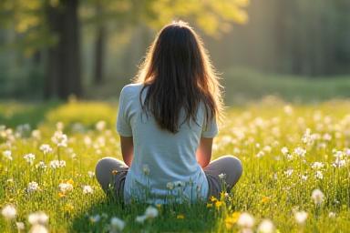 Person meditating in a field of spring flowers