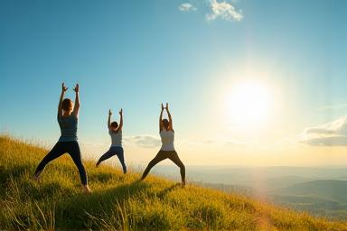 Group practicing yoga outdoors under bright summer sun