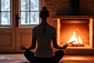Gentle yoga pose indoors by a fireplace