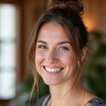 Olivia practicing a calm Hatha pose, showing peaceful expression