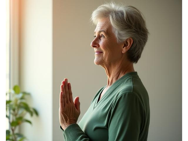 A serene, older woman gracefully performing a gentle yoga pose with a supportive smile in a brightly lit studio.