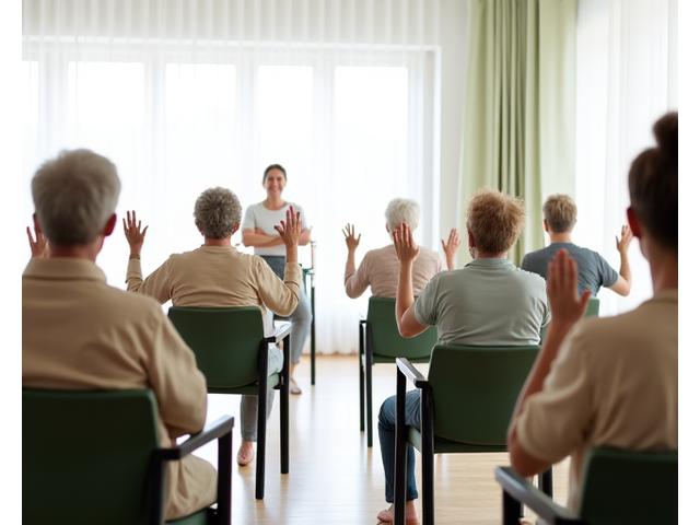 A diverse group of seniors smiling and engaged in a gentle chair yoga class, guided by an encouraging instructor.