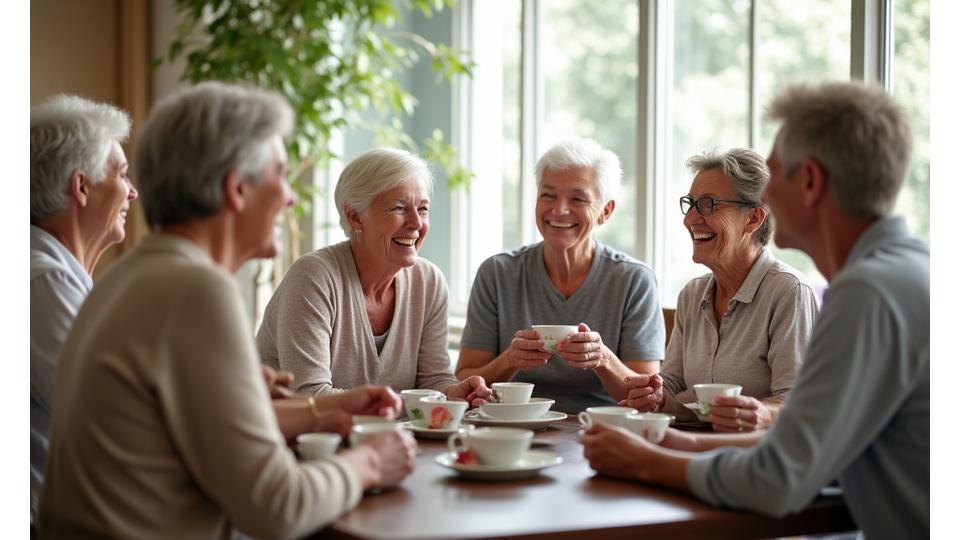 A group of joyful seniors chatting and laughing together after a yoga class, holding tea cups, fostering a sense of community.