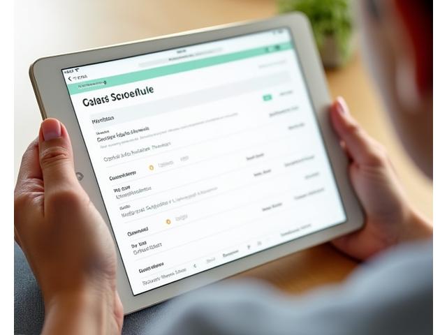 A clean, simple digital class schedule displayed on a tablet, with large text and clear class times, accessible for seniors.