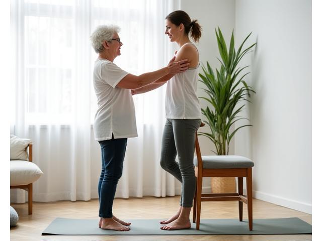 An instructor demonstrating a modified standing yoga pose using a chair for support, with a senior student safely following along.